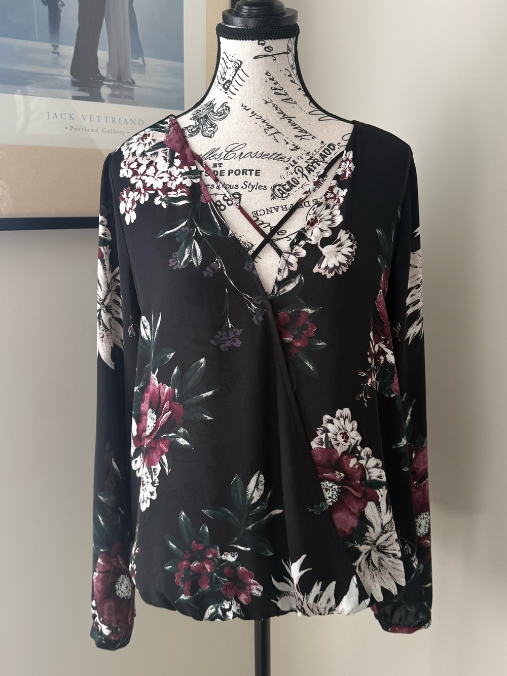 Dynamite Black Floral faux wrap Long Sleeve Blouse